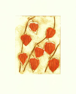 Drypoint and chine colle handmade print |Chinese lanterns physalis