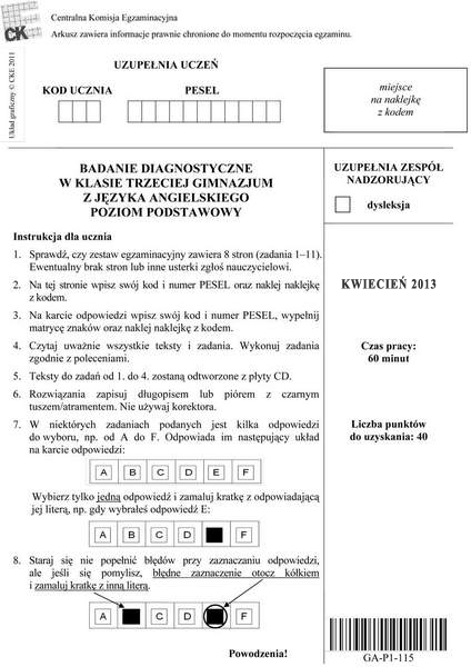 [PRZECIEK] Egzamin gimnazjalny 2013 Język angielski podstawowy PDF