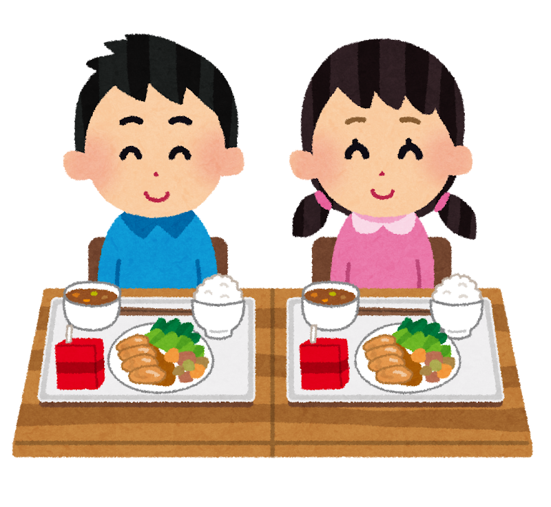 Children enjoy typical washoku of one soup and 3 sides for their school lunches.