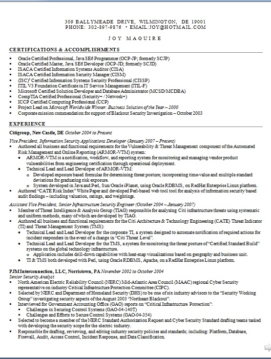 Vice President Applications Development and Security Resume Format in