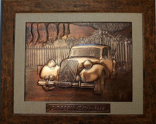 metaloplastie pe tabla de cupru, masina de epoca citroen, tablouri, masini, arta plastica, lucru manual, masini de epoca, 