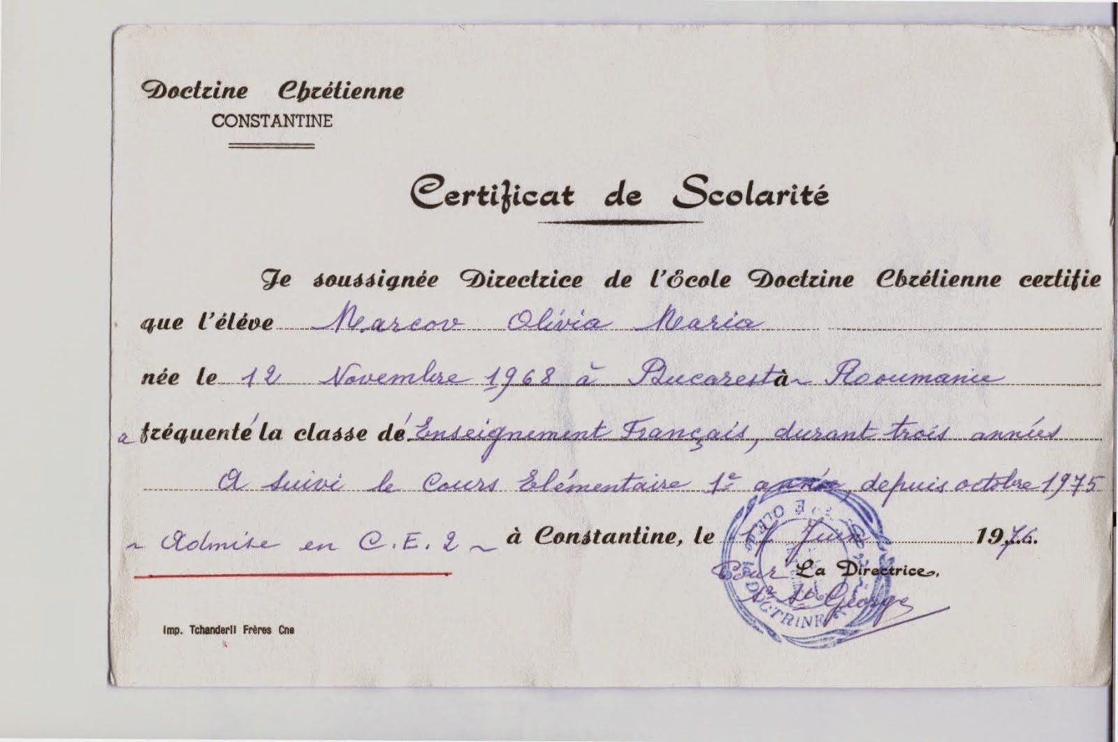 Ecole Catholique Doctrine Chretienne Certificat de Scolarite Olivia Maria Marcov 1976 Romania