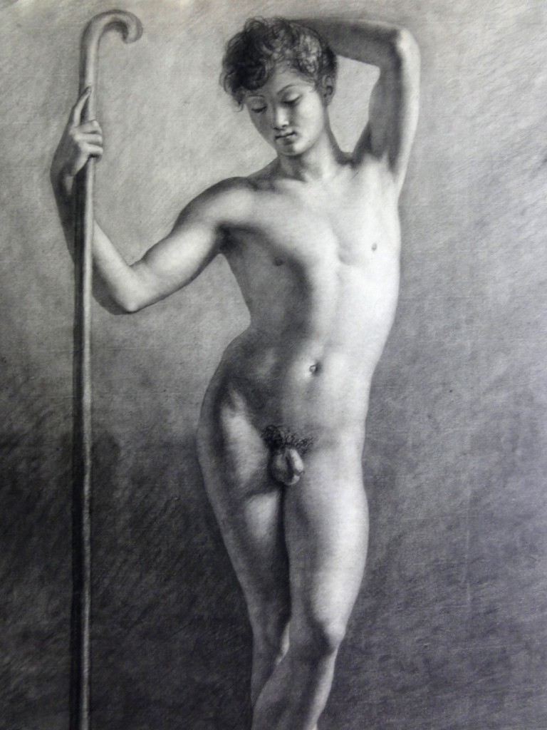 Unsigned Early 19th Century Drawing: Nude Youth With Staff 
