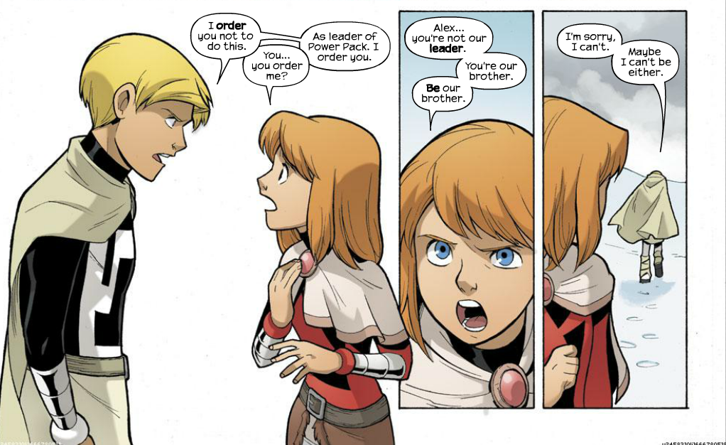 After Alex leaves, the remaining Power Pack, plus toddler-Thor and OHEMGEEL...