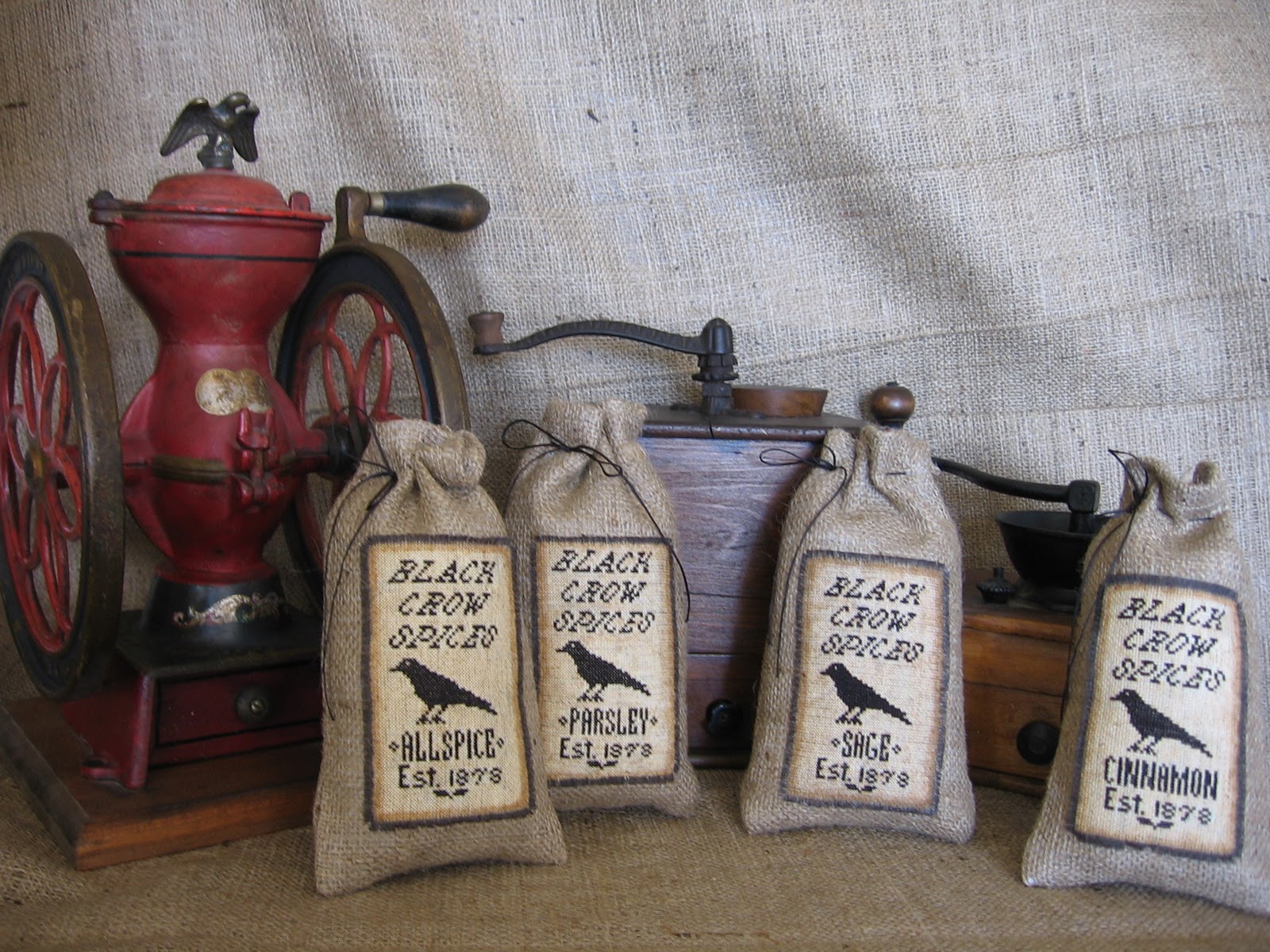 Victorian Motto Sampler Shoppe Primitive Black Crow Spice Bag Kits, my