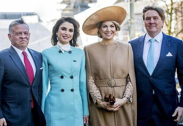 Queen Maxima wore Claes Iversen Serval Elegant Lace Midi Dress Tobacco Brown and Claes Iversen cape coat, Queen Raina wore Claes Iversen coat