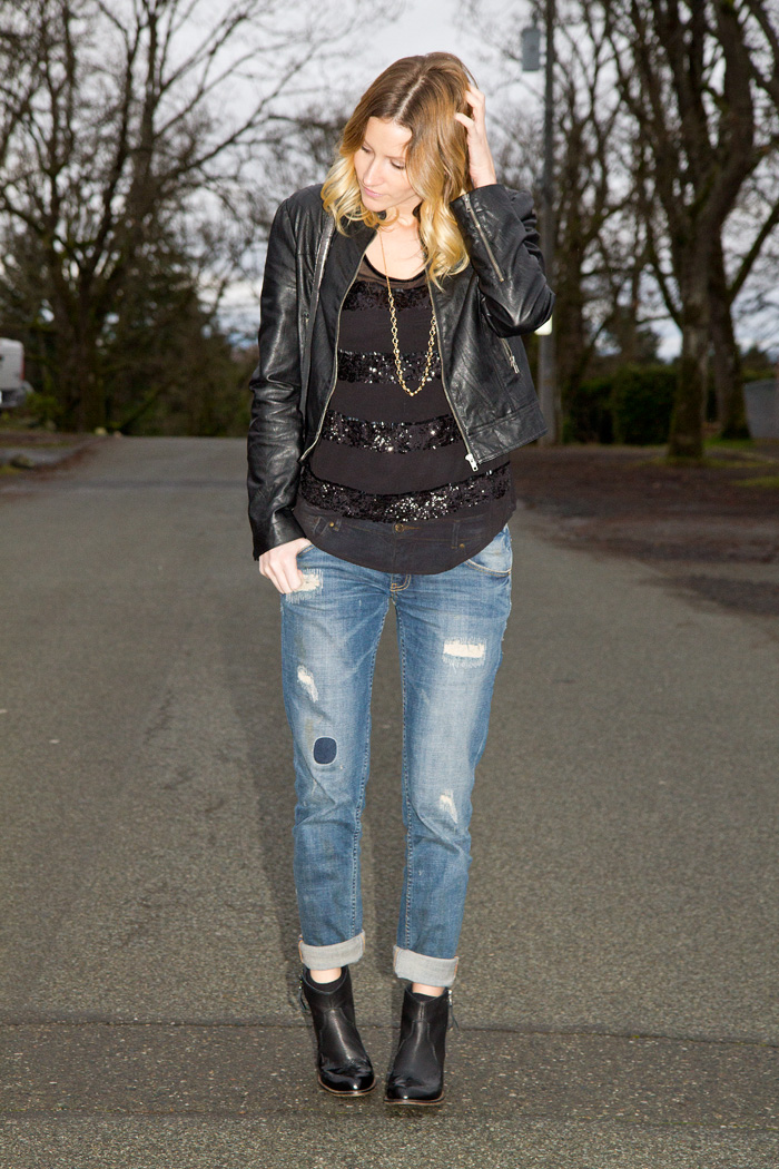 Vancouver Fashion Blogger, Alison Hutchinson, wearing Forever 21 faux leather jacket, Forever 21 Striped sequin top, Botkier Silver Bag, Zara Boyfriend Jeans, Topshop Western Boots