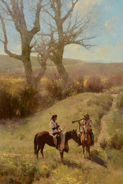 by Z. S. Liang, "Old Friends Meeting on the Old Trail" - oil on linen canvas | pinturas, obras de arte, american art. by Z. S. Liang, "Old Friends Meeting on the Old Trail" - oil on linen canvas | pinturas, obras de arte, imagenes bellas de paisajes, american art.