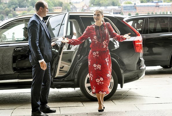 Crown Princess Victoria wore Gant Fashion red floral dress, Ralph Lauren Suede Pumps, Valentino Shoulder Bag