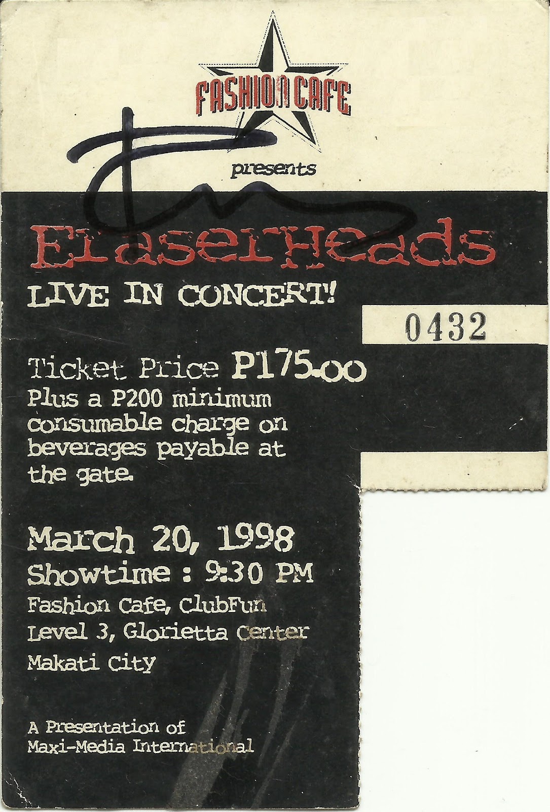 eraserheads collector ticket eraserheads live in concert fashion cafe