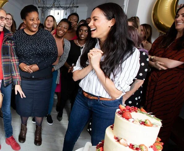 Meghan Markle wore WNU shirt, J.Crew Juliette blazer, Adina Reyter three diamond earrings, Adidas Stan Smith sneakers