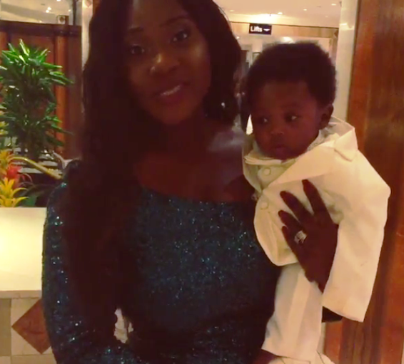 Mercy Johnson Shows Off Her Son In Cute White Suit