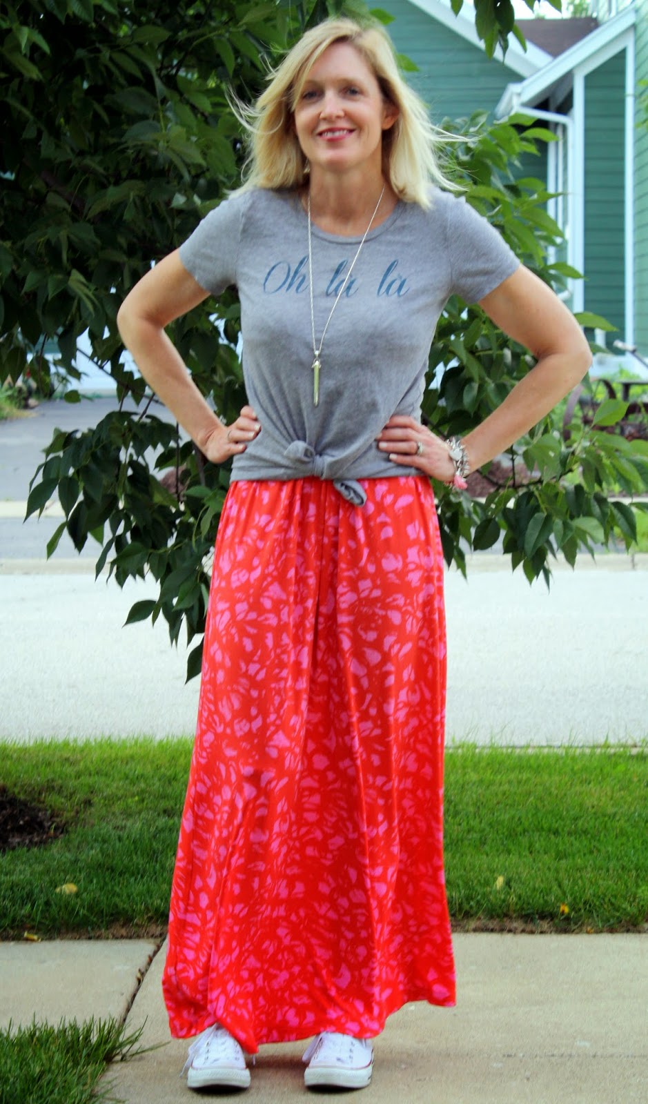 maxi dress styled as a skirt