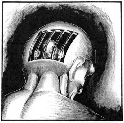 black and white drawing of a prison cell inside the back of a man's head with him inside