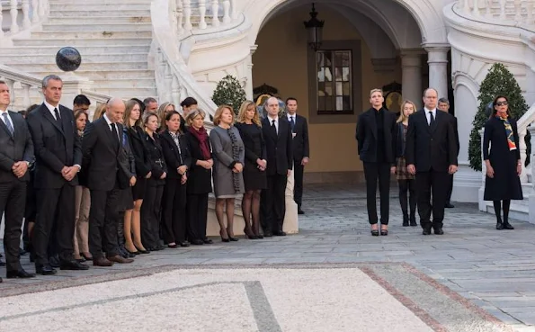 Prince Albert II of Monaco and Princess Charlene of Monaco, Princess Caroline of Hanover and Princess Alexandra observe a minute of silence on November 16, 2015 at the Monaco Palace