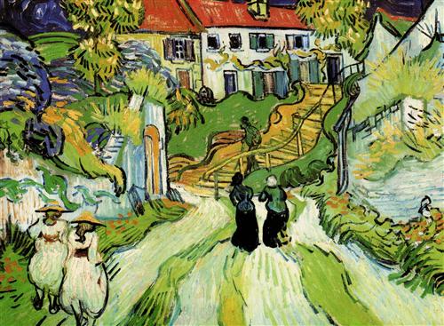 Van Gogh - Village Street and Step. Pintura de Van Gogh - Village Street and Step -s Rua em primeiro plano, escada em que um idoso com uma bengala, desce. Castanheiras em flor, mulheres caminham.