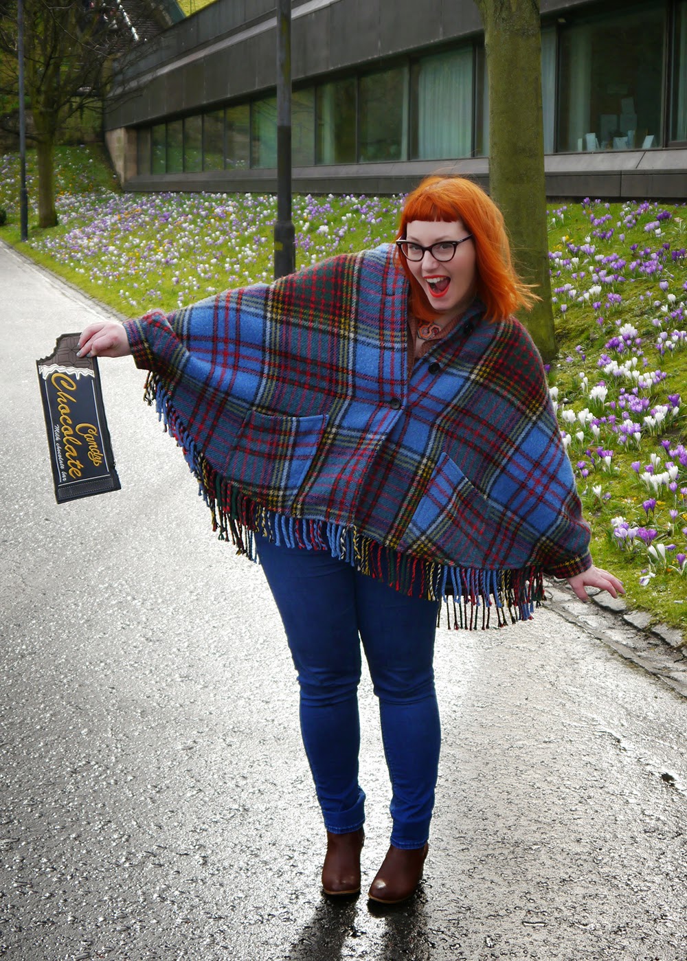 Edinburgh Fashion Week Cliche Scottish Blogger, What Helen Wore, Edinburgh Fashion Week, Street Style, #EdFashionWeek, scottish style, This Charming Vintage, Tartan cape, tartan poncho, vintage pyjama top, New Look chocolate bar clutch, Sugar and Vice Overlook necklace