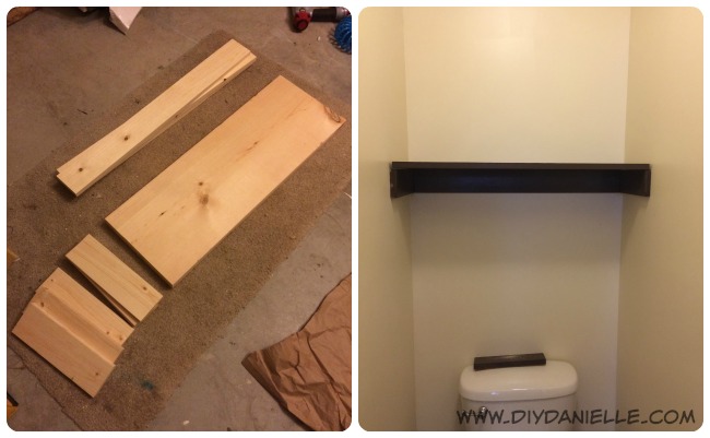 Bathroom shelving: Wood cut up and then the first shelf installed. Our bathroom shelving being installed.