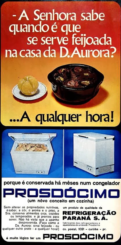 Congelador Prosdócimo - mulher e feijoada - Anos 70. Propaganda machista.