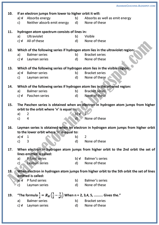 Adamjee Coaching XII Physics MCQS The Atomic Spectra