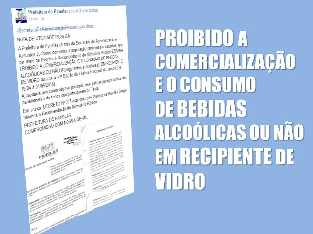 PROIBIDO A COMERCIALIZAÇÃO DE BEBIDAS ALCOÓLICAS OU NÃO (Refrigerantes e Similares), EM RECIPIENTE DE VIDRO