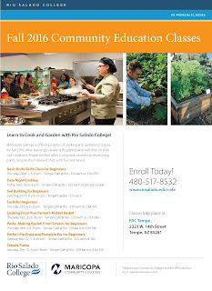 different images -- community cooking class, student in garden picking vegetables, vegetables in a planter box. text: Fall 2016 Community Education Classes