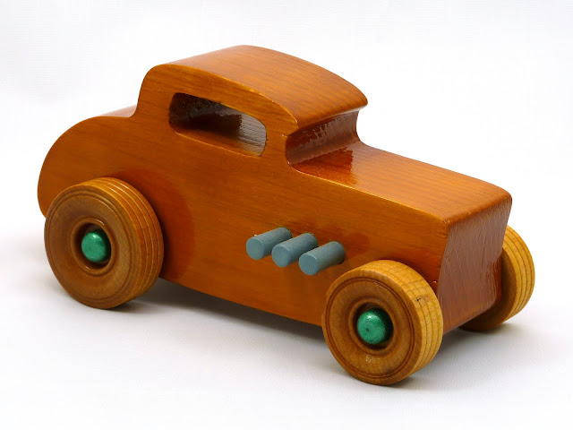 Right Front - Wooden Toy Car - Hot Rod Freaky Ford - 32 Deuce Coupe - Pine - Amber Shellac - Metallic Green - Gray Right Front - Wooden Toy Car - Hot Rod Freaky Ford - 32 Deuce Coupe - Pine - Amber Shellac - Metallic Green - Gray