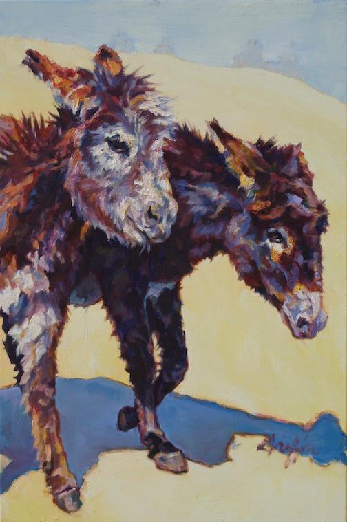 Colorful Contemporary Animal Art, ,Donkey, Burro Farm Animal " 2 Sisters" by Contemporary Animal