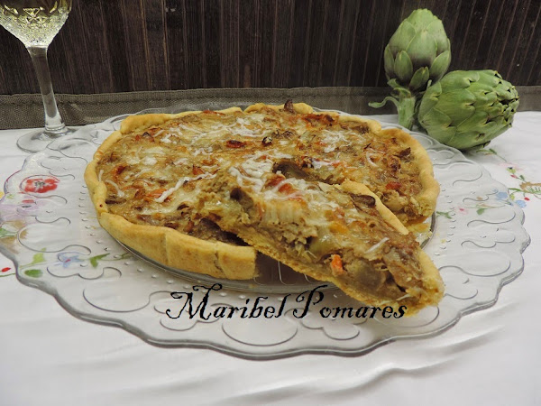 Quiche de alcachofas, cebolla, nueces y palitos de mar en olla programable