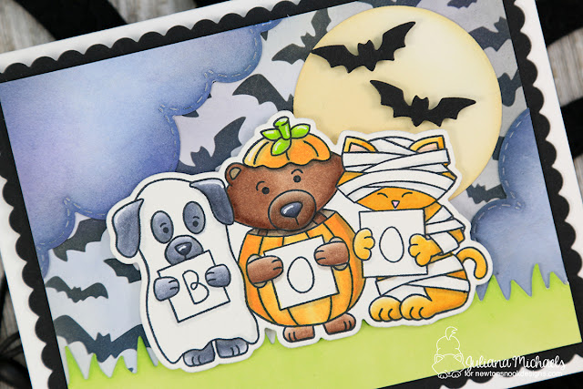 Boo Halloween Card by Juliana Michaels featuring Newton's Nook Designs Halloween Trio Stamp Set and Flying Bats Stencil