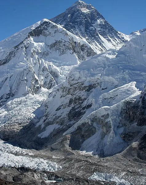 Gunung Everest adalah puncak tertinggi di bumi, terletak di perbatasan Nepal-Cina.