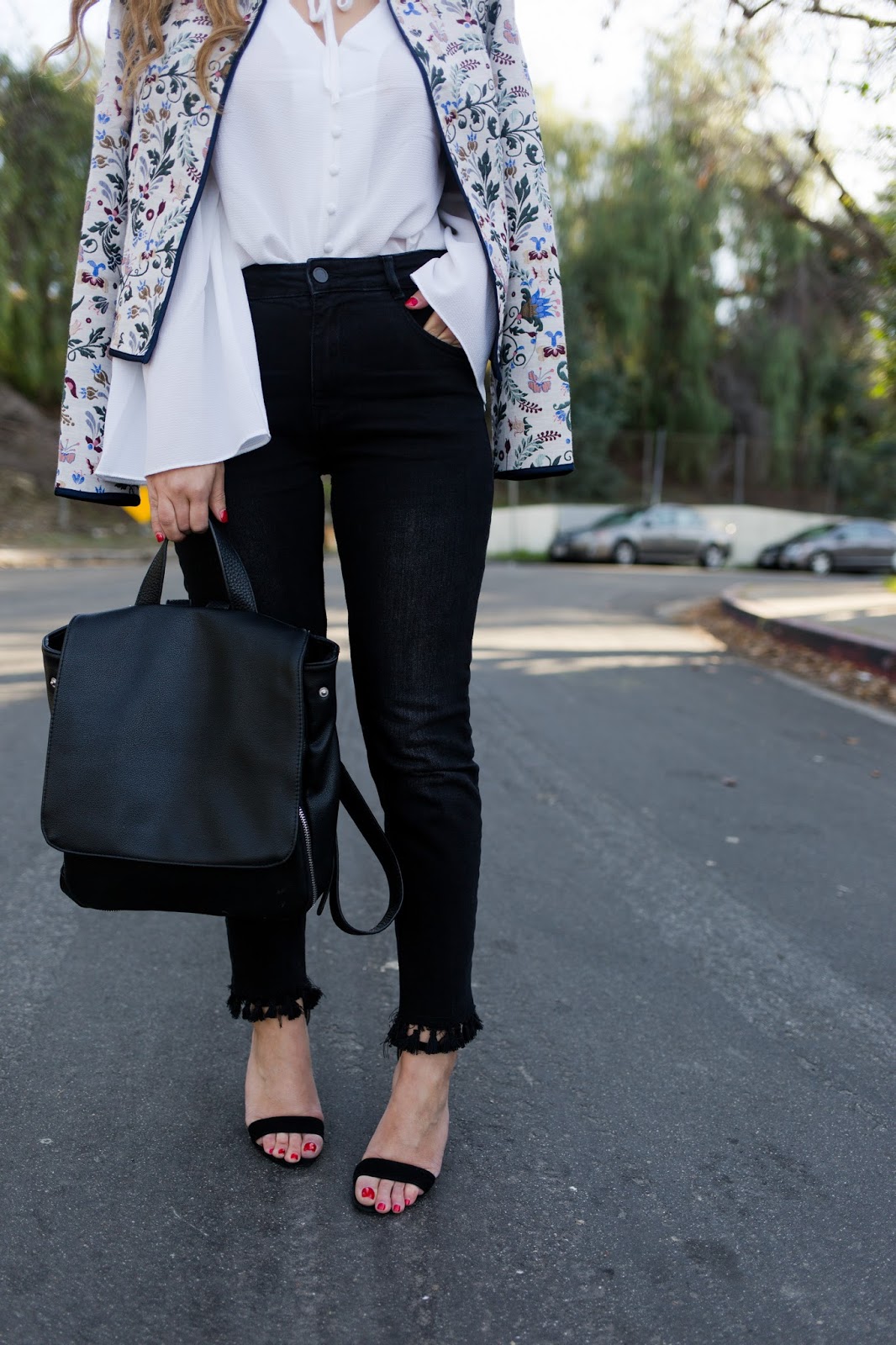 Stiletto Beats, new york and company, eva mendez, embroidered jacket, bell sleeve blouse, brixton hat, fringe jeans, los angeles blogger,