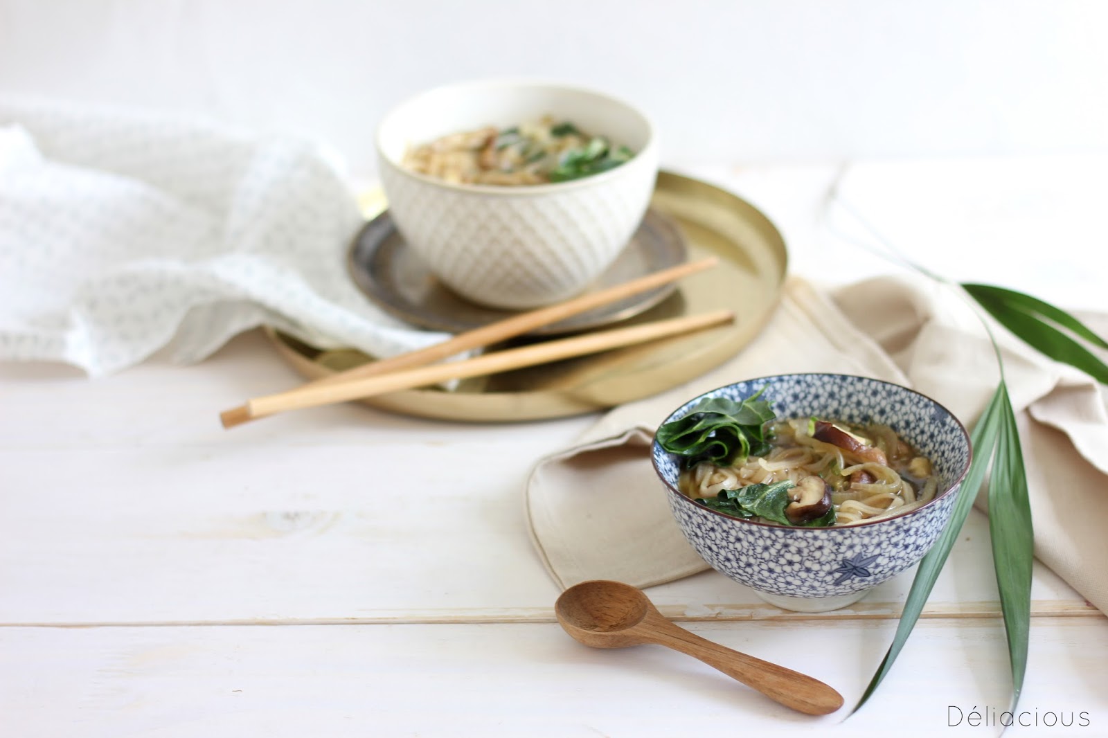 Nouilles de riz et bouillon du dragon aux champignons et blettes