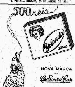 Cachorro fumando cigarro para propaganda dos Cigarros Yolanda, em 1932.