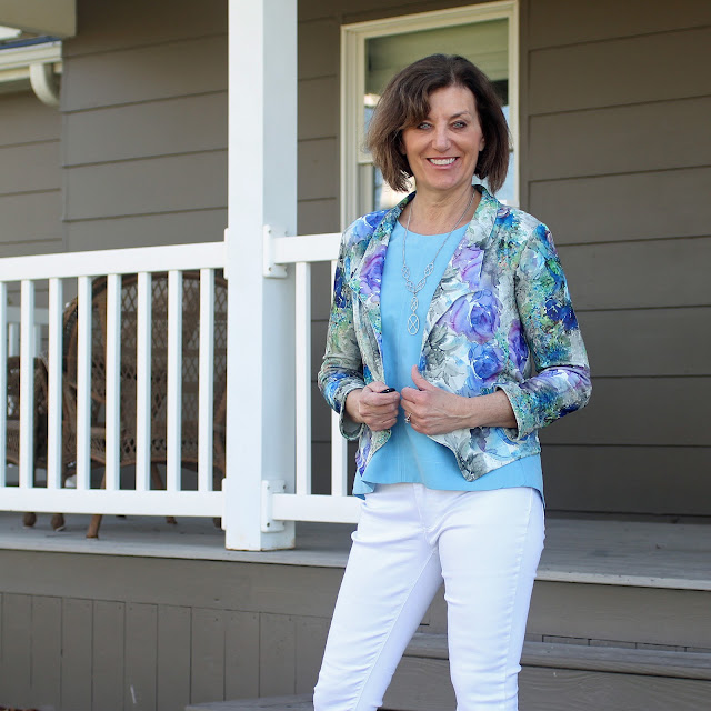 Grainline Studio's Morris Blazer made with Style Maker Fabrics' Watercolor Crepe Knit with Hadley top in blue modal shirting