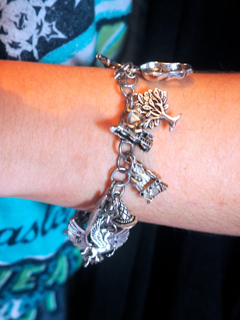 Mystical Mischief - outfit jewellery details of silver Harry Potter charm bracelet