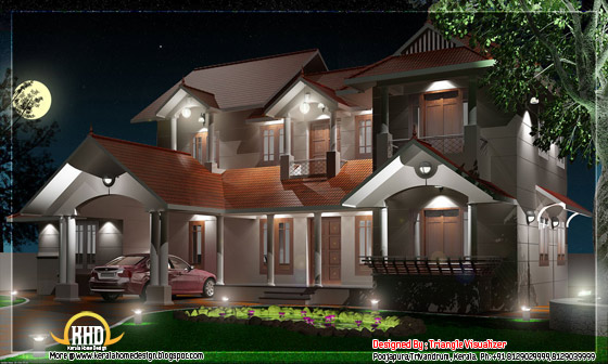 2800 square feet Kerala style house night elevation view