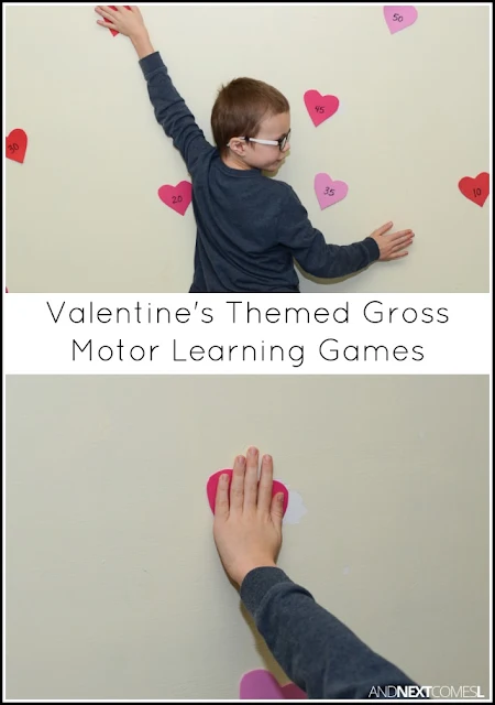 Valentine's Day themed gross motor learning games for kids from And Next Comes L