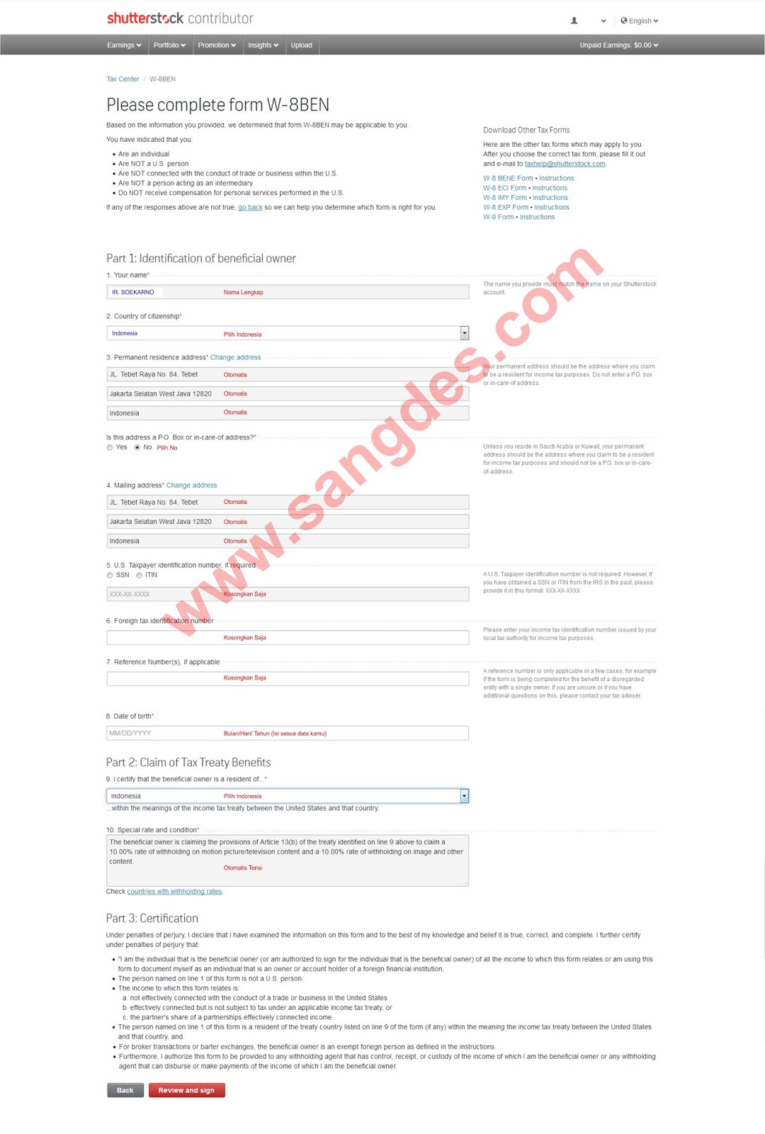 Cara Mengisi Form Tax W8BEN di Situs Microstock (Update