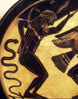 Atlas holds up heavens, a serpent behind him, black figure pottery 530 B.C.