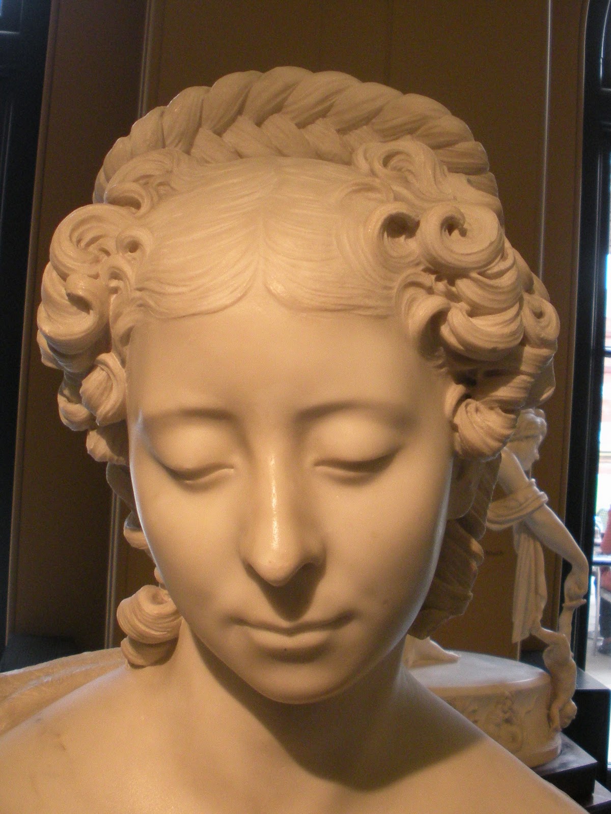 fashionEphemera V&A sculpture gallery, bust with great hair.