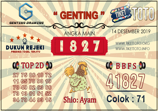 Prediksi Togel GENTING DRAWING TIKETTOTO 14 DESEMBER 2019