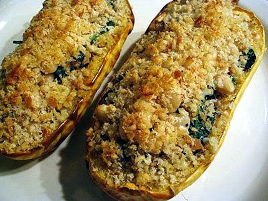 Roasted Delicata Squash Stuffed with White Beans and Wilted Spinach with Basil