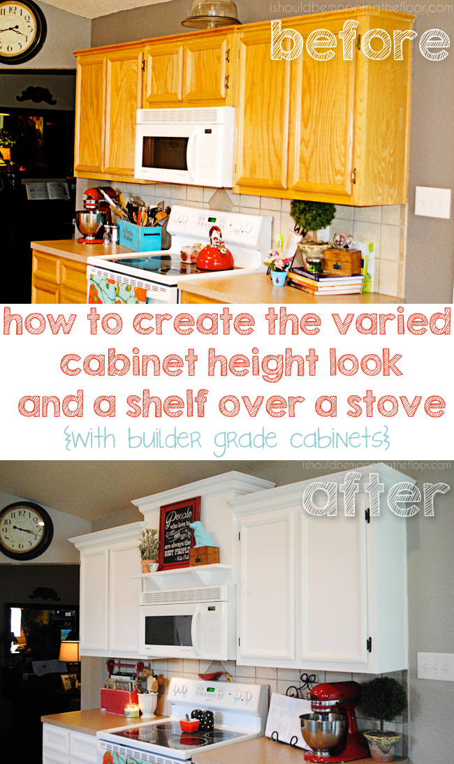 Creating stacked height cabinetry with builder grade cabinets. Includes tutorial to add a shelf above the microwave, too.