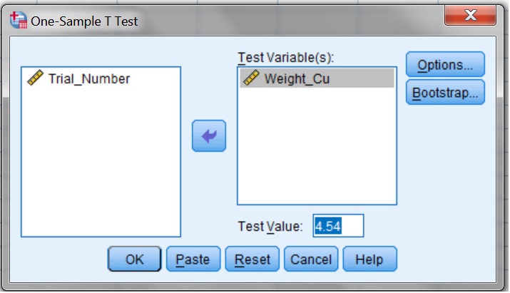 Fig. I.7: Selecting a Test Variable and Test_Value in SPSS 20. In this case the test variable is Weight_Cu and the test value 4.54 (CRM’s mean value in Cu)