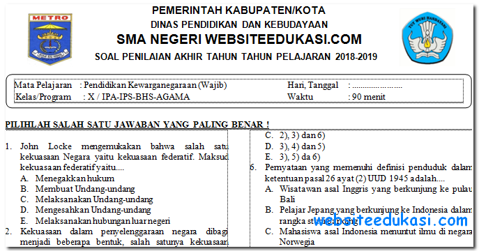 Soal PAT/UKK PKn Kelas 10 K13 Tahun 2018/2019