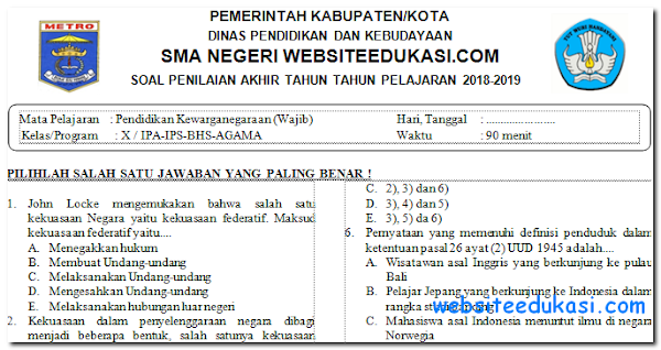Soal Pat Ukk Pkn Kelas 10 K13 Tahun 2018 2019 Mata Pelajaran