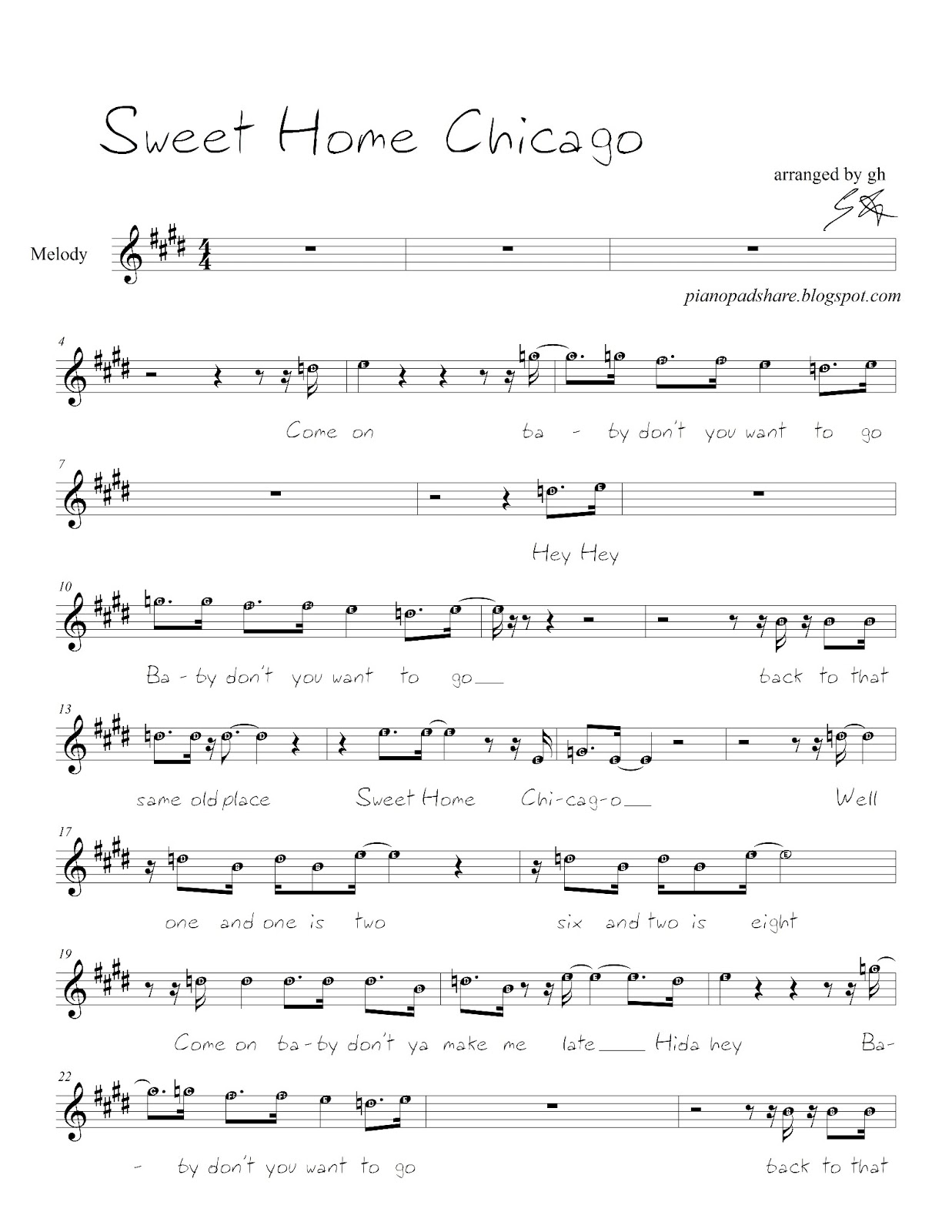 PianoPad Upload Community This song titled "Sweet Home Chicago" Melody