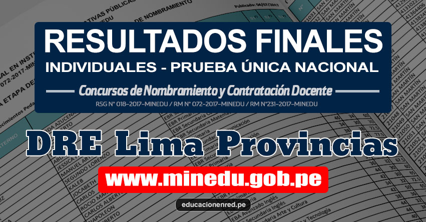DRE Lima Provincias: Resultado Final Individual Prueba Única Nacional y Relación de Postulantes Habilitados para Etapa Descentralizada Nombramiento Docente 2017 - MINEDU - www.drelp.gob.pe DRE Lima Provincias: Resultado Final Individual Prueba Única Nacional y Relación de Postulantes Habilitados para Etapa Descentralizada Nombramiento Docente 2017 - MINEDU - www.drelp.gob.pe