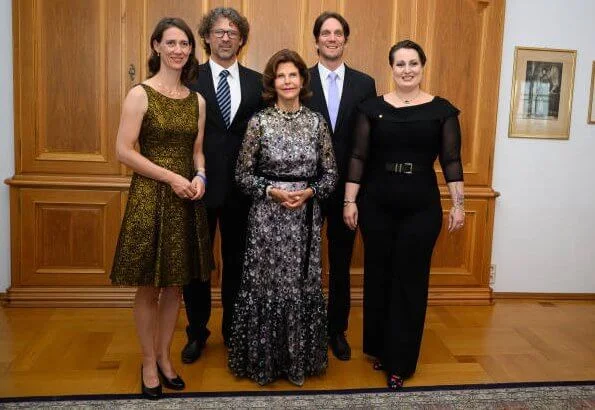 Queen Silvia wore Alexis Holly sequin garden gown. Bettina Countess Bernadotte, Philipp Haug, Björn Count Bernadotte and Diana Countess Bernadotte
